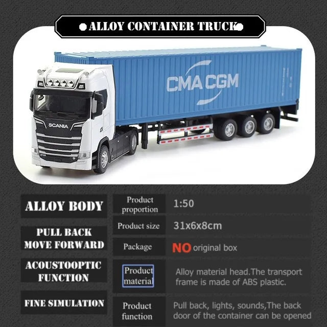 1:50 Simulation Alloy Diecast Large Truck Head Model Container Toy Pull Back Sound Light Engineering Transport Vehicle For Kids