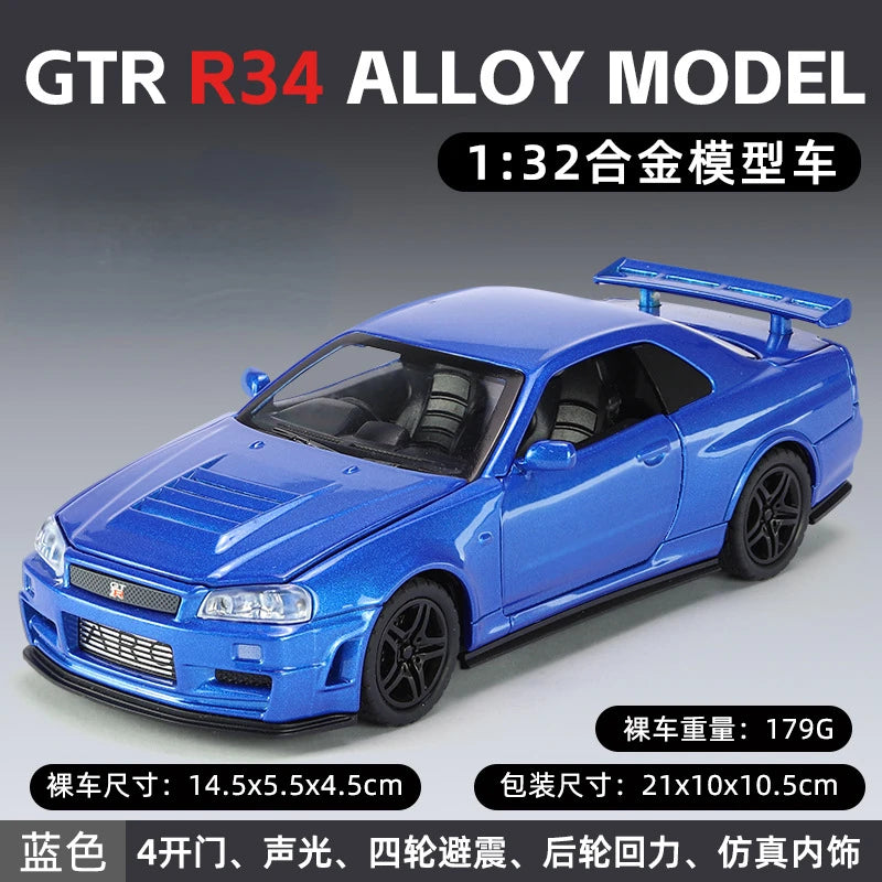 1:32 Nissan GTR R34 Fast & Furious Alloy Car Model Diecasts Toy With Sound and Light Vehicles Decoration Toys For Kids Gift A903