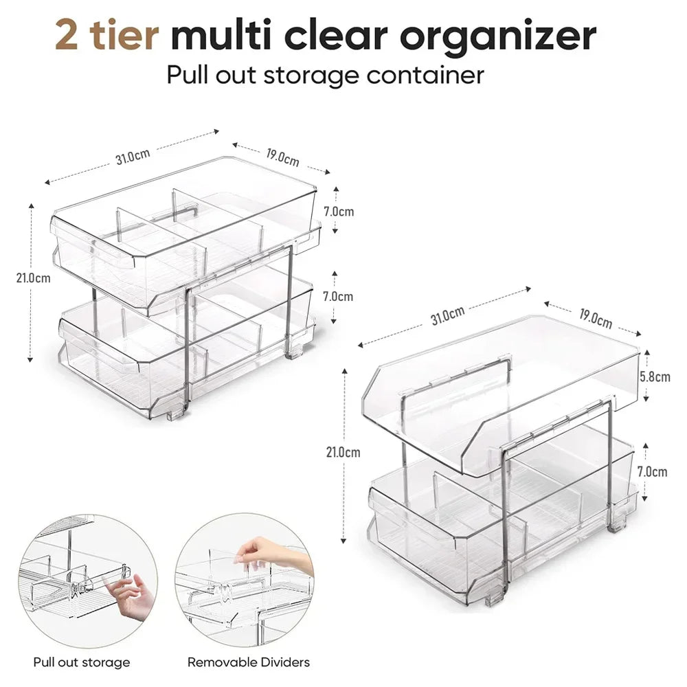 2 Tier Organizer with Dividers, Vanity Countertop Closet Organization, Refrigerator Organizers Storage, Kitchen Pantry Cabinet