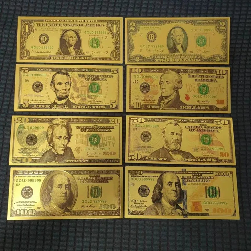 7pcs Silver Dollars Banknotes Plastic Commemorative Notes Dollar Bills Fake Money 1 2 5 10 20 50 100 Dollars