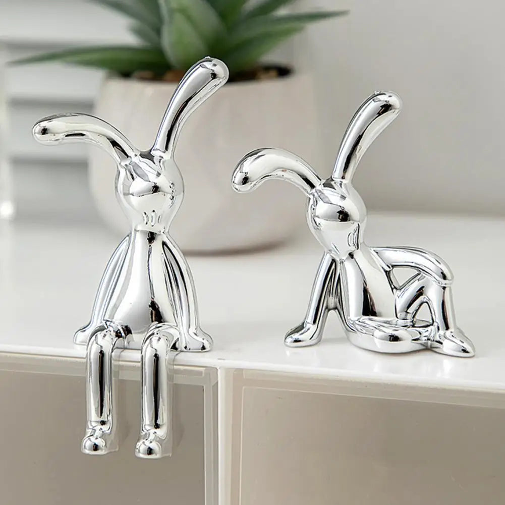 2Pcs Long Ear Bunny Figurine UV Electroplating Adhesive Sitting Rabbit Figure Model Toy Statue Car Dashboard Decor Christmas