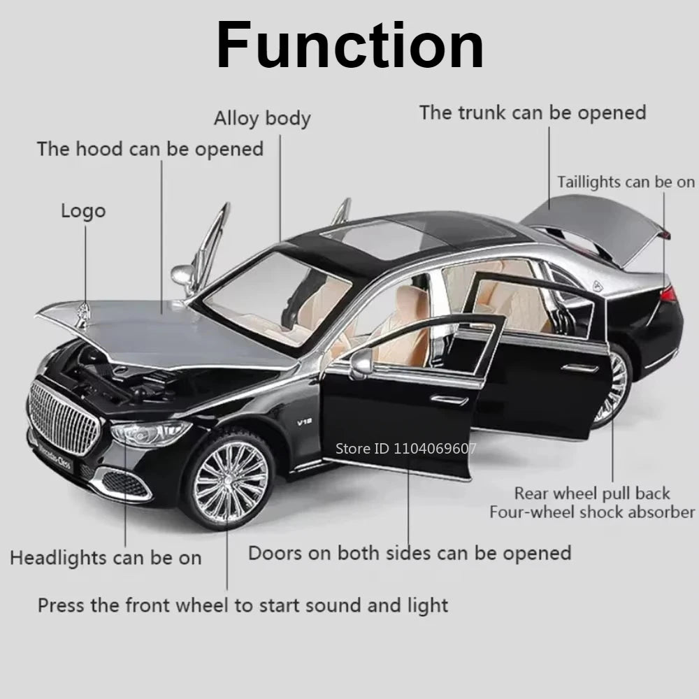 1:24 Maybach S680 Car Model Toy Doors Opened Sound Light Pull Back Diecast Metal Shock Absorption Models Boys Collection Gifts