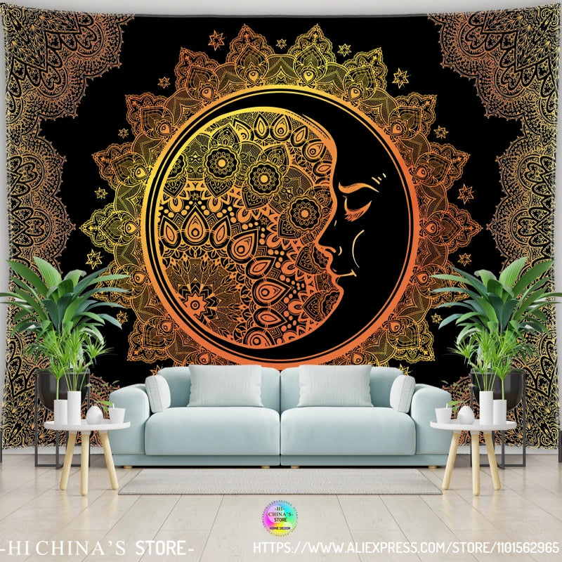 Mandala Tapestry Wall Hanging Boho Wall Cloth Room Decor Aesthetic Psychedelic Hippie Sun Moon Tapestry Bedroom Home Decoration