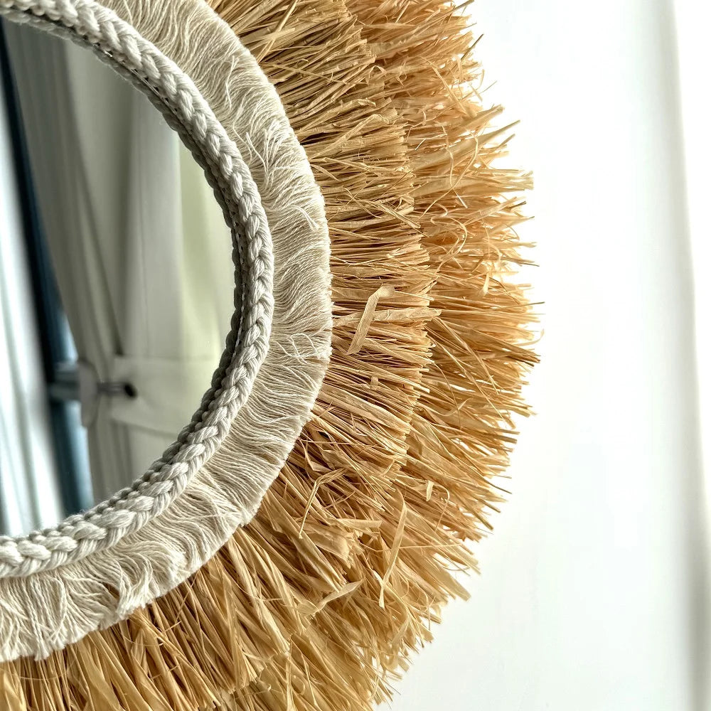 Round Hanging Wall Mirror Decorative Two-tier Raffia Circle Wall Mounted Mirror for Farmhouse Living Room Bedroom Bathroom