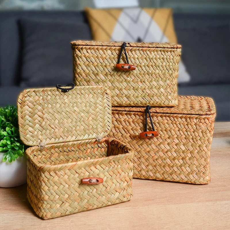 Storage Shelf Basket with Lid Rectangular Handmade Seagrass Rattan Woven Makeup Organizer Multipurpose Container Natural Box for