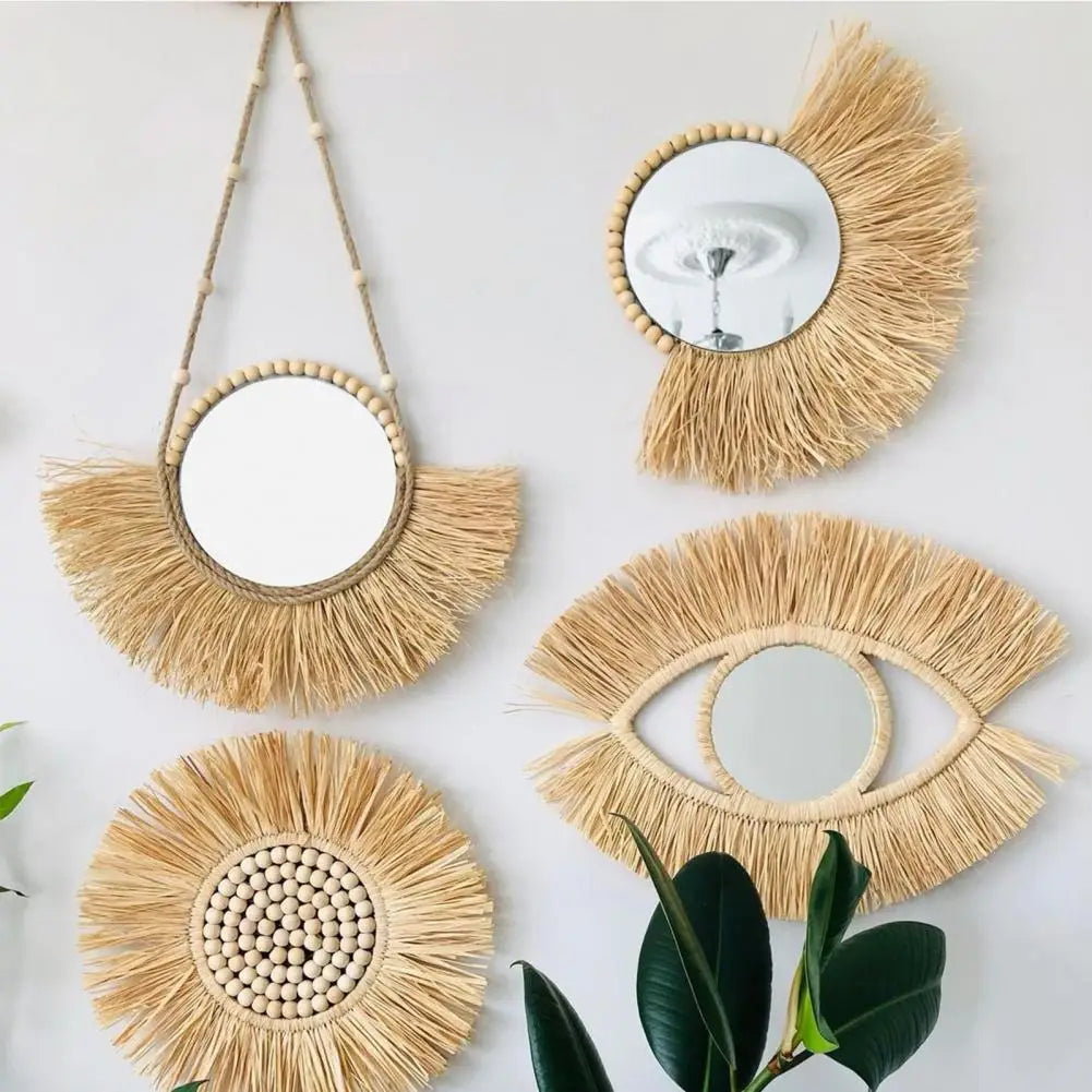 Space-saving  Unique Straw Decoration Hanging Mirror Acrylic Straw Mirror Hanging   for Living Room