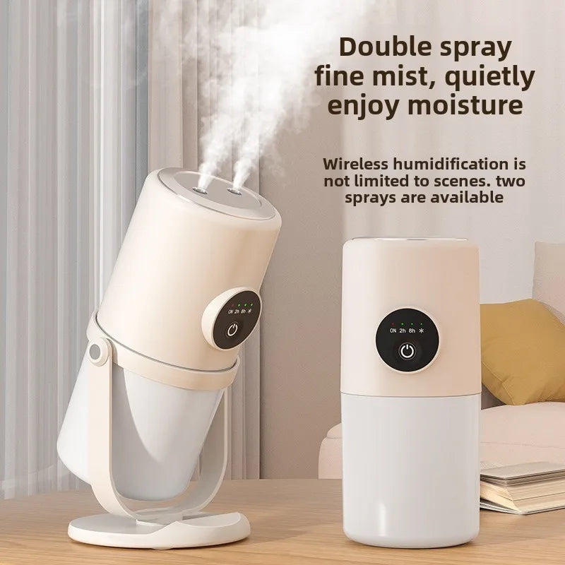 Rotating dual nozzle humidifier, battery powered portable mini night light, heavy fog water replenishment humidifier