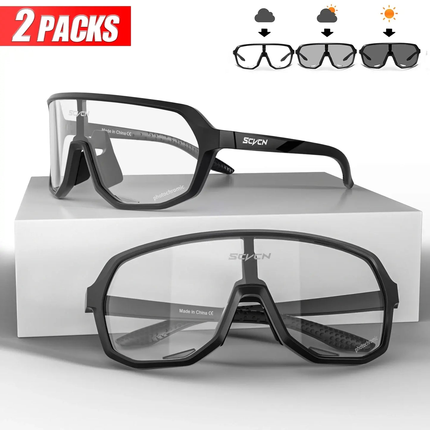 2 Packs Photochromic Cycling Glasses Outdoor Sports Bicycle Sunglasses Men MTB Cycling Goggles Women Road Bike Eyewear