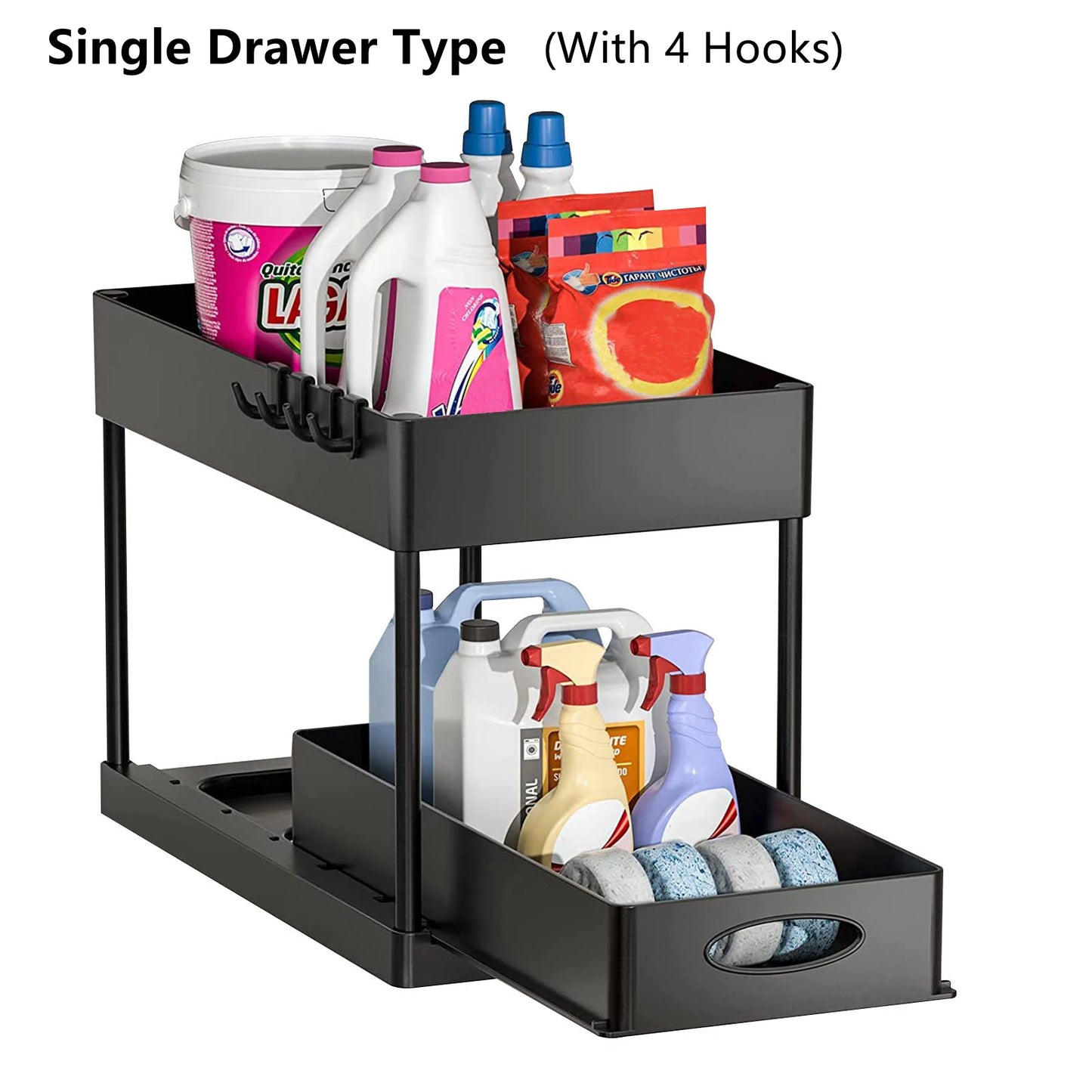 2 Tier Under Sink Organizer Sliding Cabinet Basket Organizer Storage Rack with Hooks Hanging Cup Bathroom Kitchen Organizer