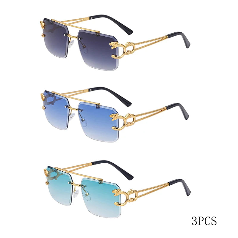 Fashion Leopard Rimless Sunglasses Double Bridges Gradient Ocean Film Shades UV400