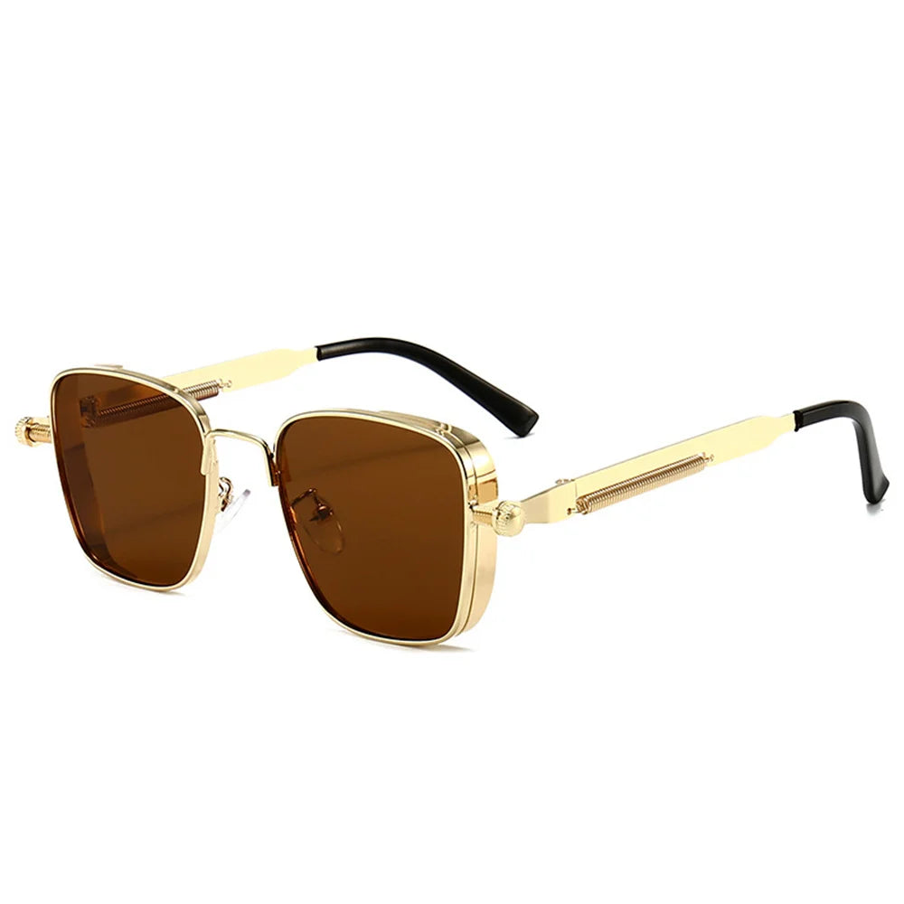 New Vintage Steampunk Square Metal Frame Sunglasses with Spring Hinges Retro Fashion Men Women Classic Driving Sun Glasses UV400