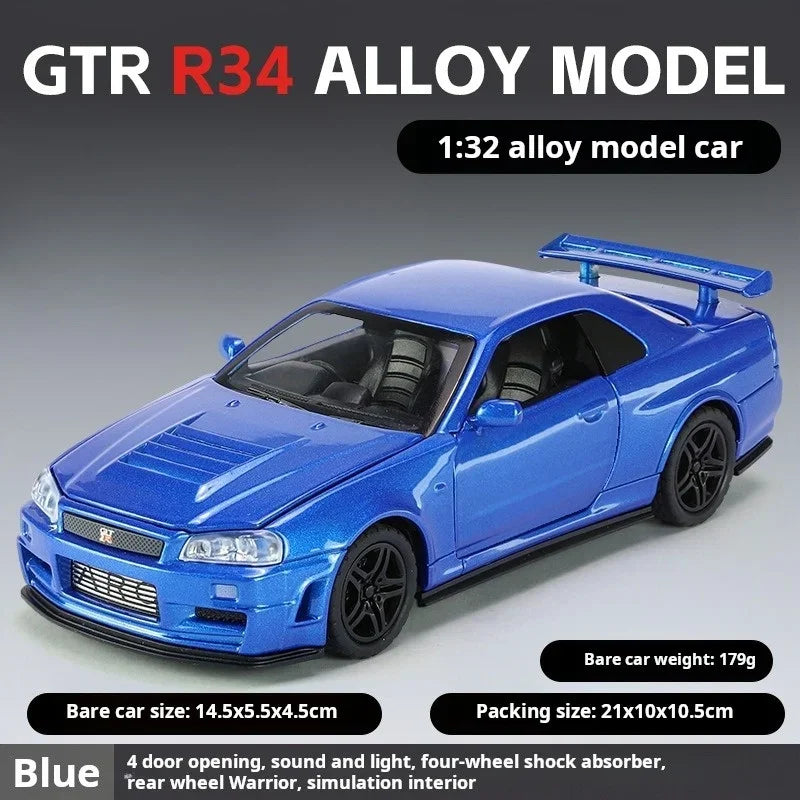 1/32 Nissan GTR34 Skyline GTR Toy Car Model Diecast Racing Miniature Model Sound & Light Pull Back Collection Gift Children Boy