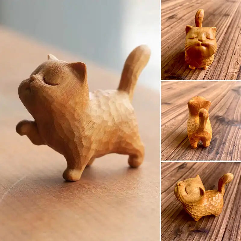 1PC Wooden Cat Ornament Mini Statues Desk Miniatures Micro-landscape Decorations Cute Cats Craft Gift