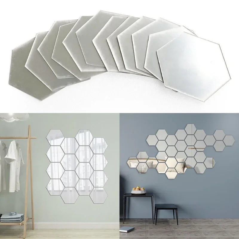 24/6pcs 3D Mirror Wall Sticker Hexagon Acrylic Self Adhesive Mirror Stickers Art Wall Decals Mosaic Tiles DIY Home Bedroom Decor