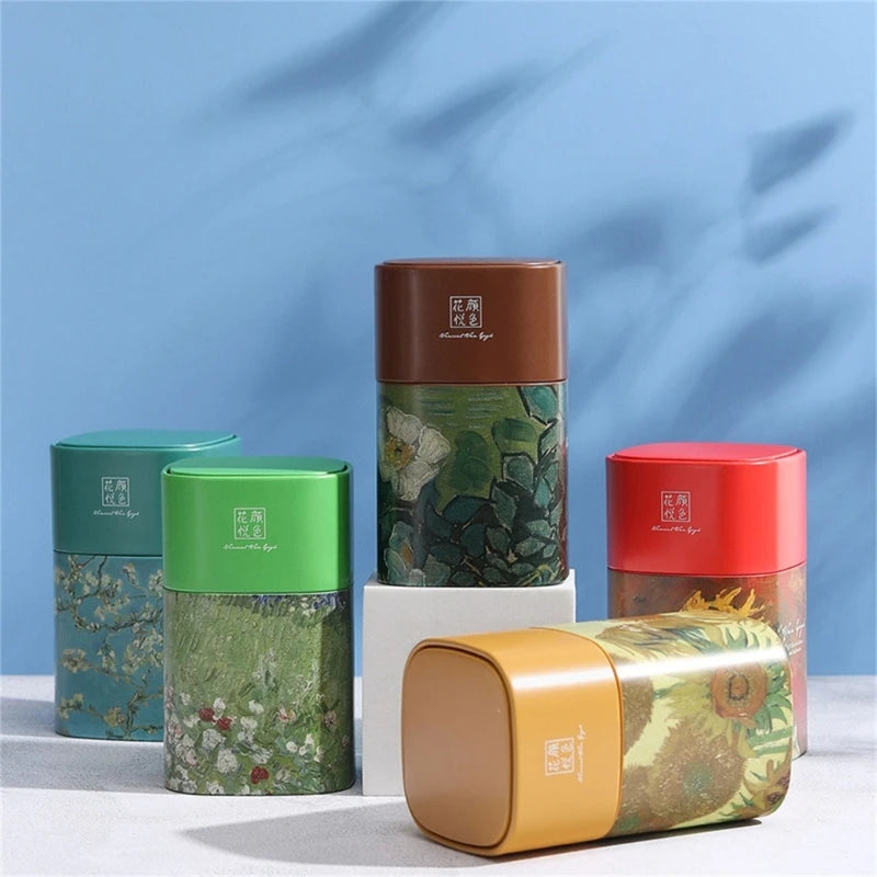 Elegant Tea Stash Jar Durable Metal Container for Herbs Storage Oil Painting Coffee Storage Container Metal Tea Box Dropshipping