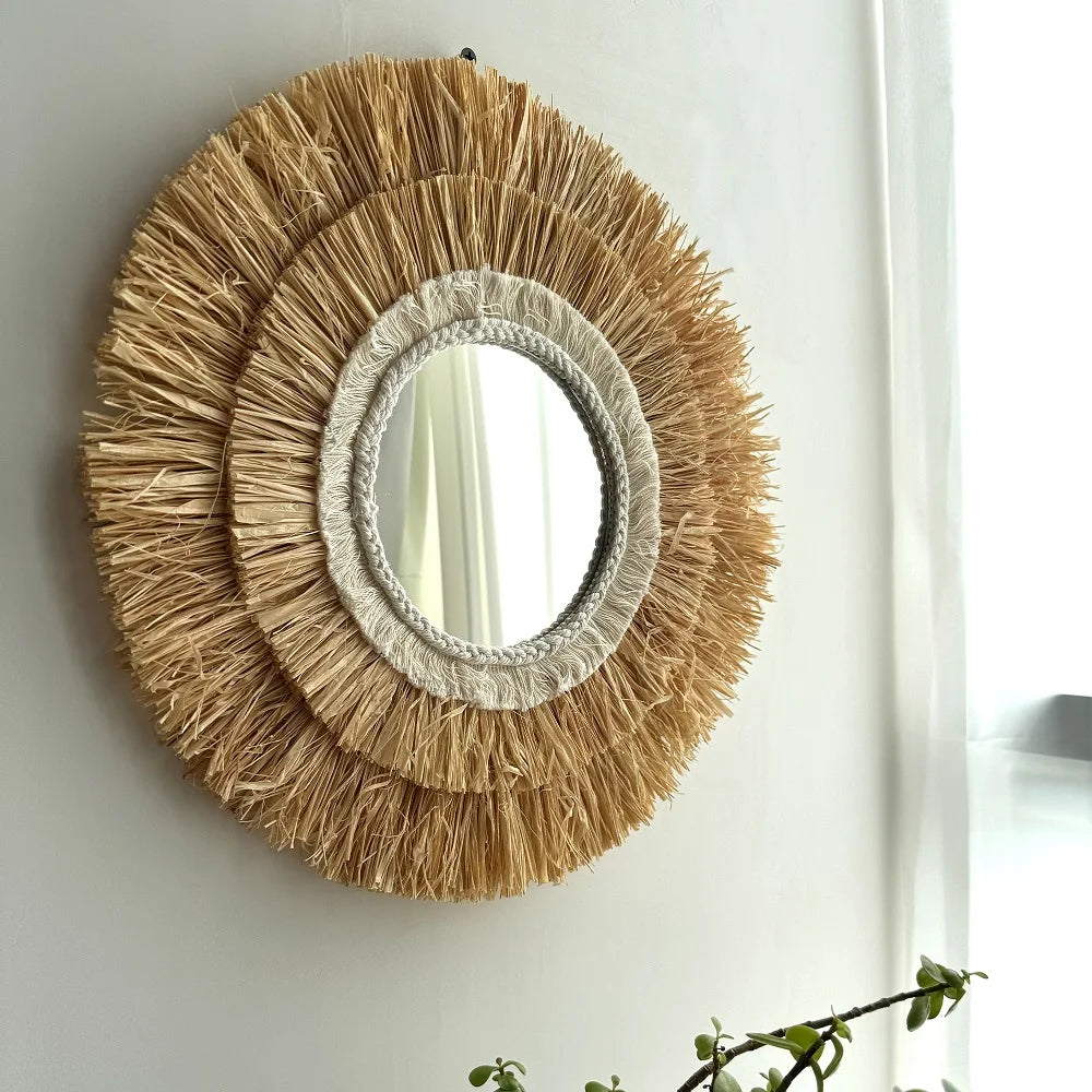 Round Hanging Wall Mirror Decorative Two-tier Raffia Circle Wall Mounted Mirror for Farmhouse Living Room Bedroom Bathroom