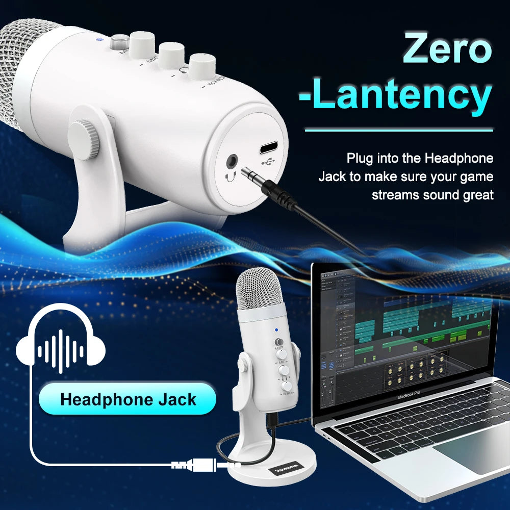 Haomuren Professional White USB Condenser Microphone Studio Recording Mic for PC Computer Phone Gaming Streaming Podcast Youtube