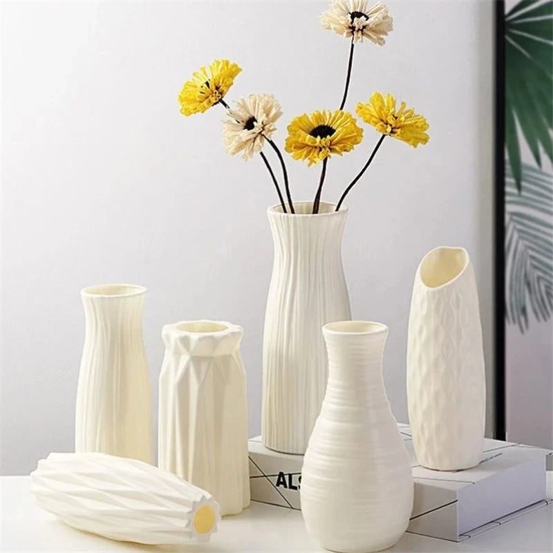 Nordic Flower Vase Imitation Ceramic Plastic Flower Vase Pot Home Living Room Desktop Decoration Wedding Centerpiece Arrangement