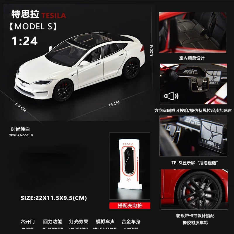 1:24 Tesla Model S Miniatures Simulation Alloy Metal Diecast Model Car Sound & Light car Toys for Kids Gifts for Boyfriend C270