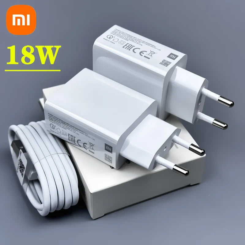 Original 18W Charger Xiaomi EU Fast Charge 3A USB C Cable For xiaomi 6 8 9  Redmi 13R 12 8 9 9T 10 8A Poco C40 M3