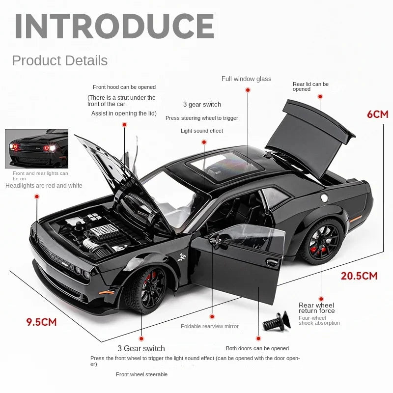 Simualtion 1:24 Dodge Challenger Hellcat Redeye Alloy Car Model Sound and Light Children Toy Birthday gift Miniature Voiture