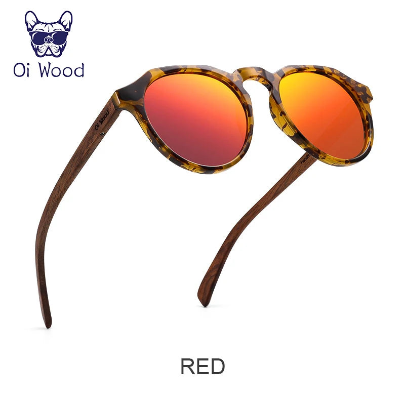 Oi Wood Sunglasses Women Men's Sun Glasses  Walnut Wood Round Eyeglasses Red LensTortoise Shell Frames