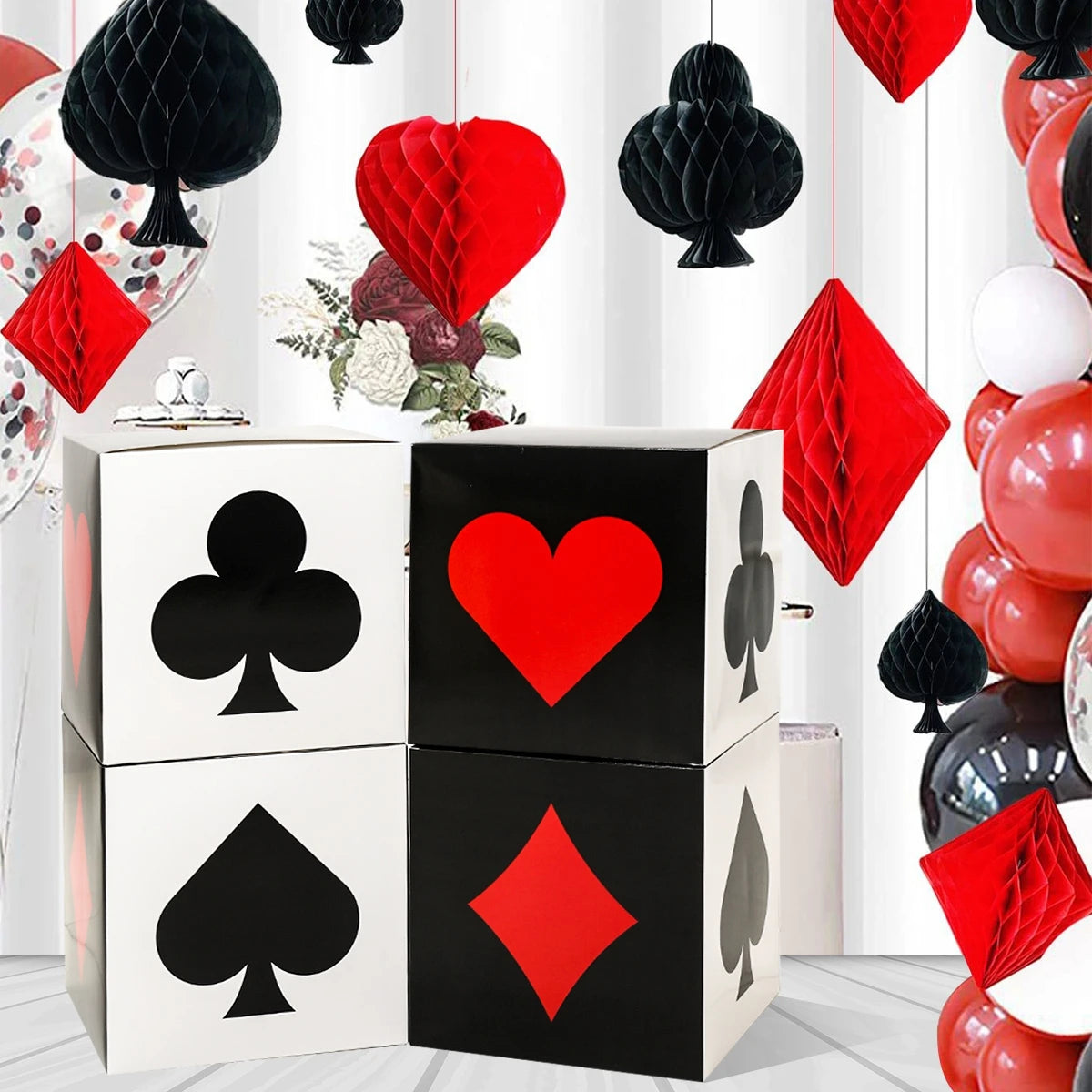 Casino Theme Party Decorations Las Vegas Paper Boxes Red Black Poker Paper Cutouts Party Ceiling for Casino Night Supplies