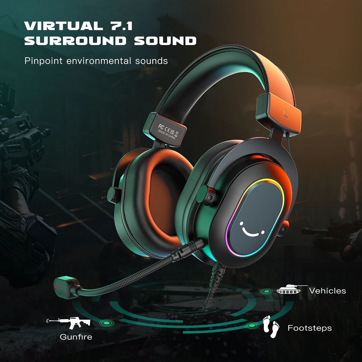 Fifine Dynamic RGB Gaming Headset with Mic Over-Ear Headphones 7.1 Surround Sound PC PS4 PS5 3 EQ Options Game Movie Music