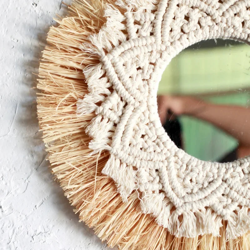 Bohemian Home Decoration Straw Hand-woven Mirror Wall Decoration Hotel Home Party Decoration Mirrors for Bedroom