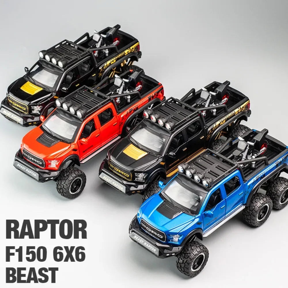 1:24 Ford Raptor F150 Model Toy Cars Alloy Diecast Off-Road Vehicles Sound Light Pull Back Doors Opened Pickup Trucks Kids Gifts