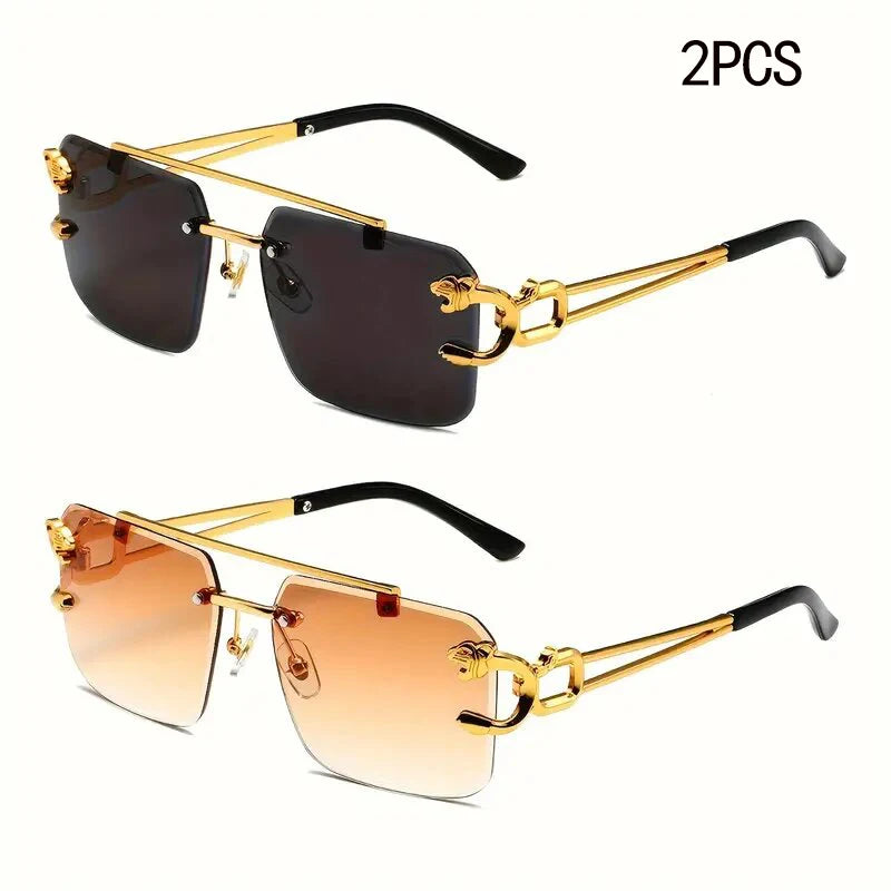 Fashion Leopard Rimless Sunglasses Double Bridges Gradient Ocean Film Shades UV400