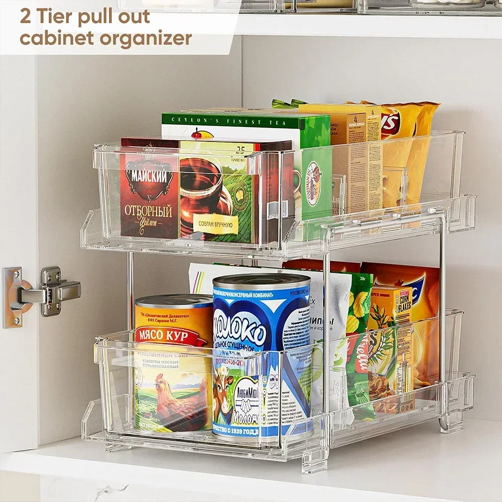 2 Tier Organizer with Dividers, Vanity Countertop Closet Organization, Refrigerator Organizers Storage, Kitchen Pantry Cabinet