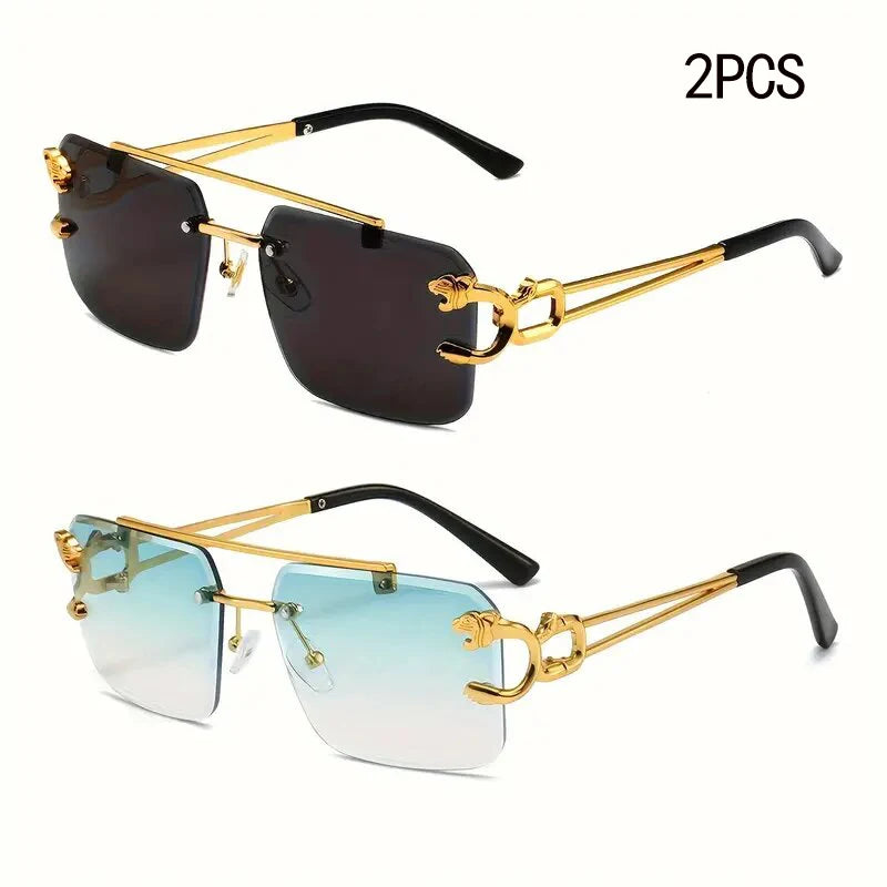 Fashion Leopard Rimless Sunglasses Double Bridges Gradient Ocean Film Shades UV400