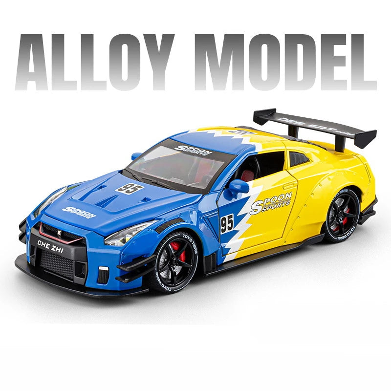 1/24 Nissan GTR GT-R R35 Alloy Sports Car Model Diecast Metal Racing Vehicles Car Model Sound and Light With Spray Kids Toy Gift