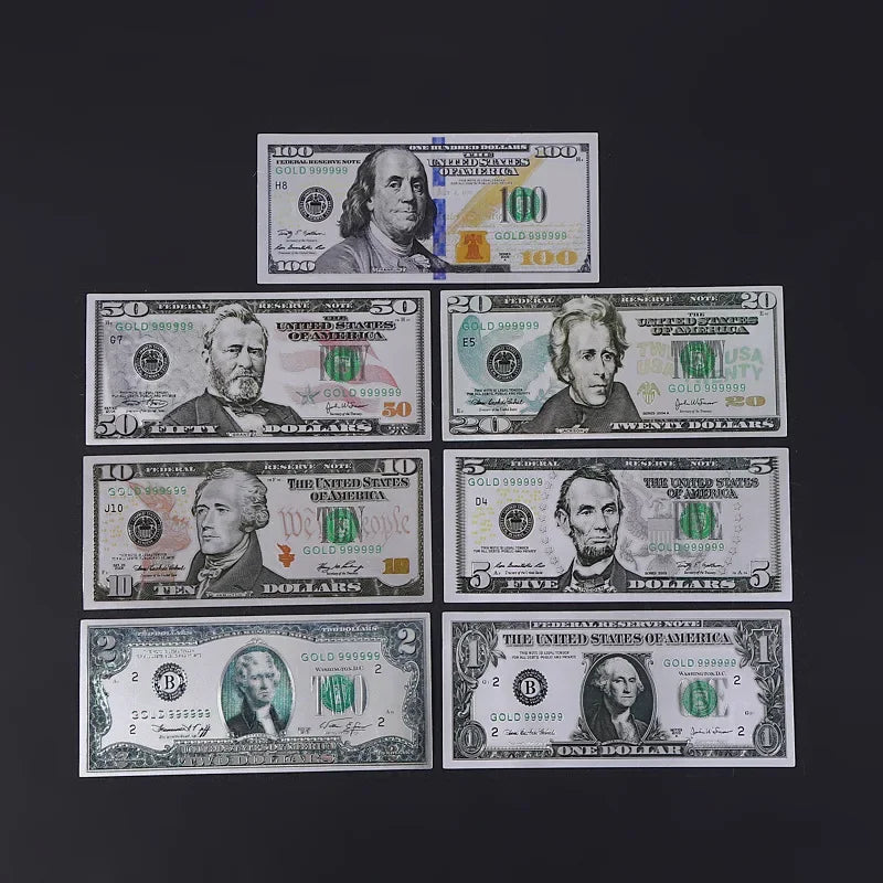 7pcs Silver Dollars Banknotes Plastic Commemorative Notes Dollar Bills Fake Money 1 2 5 10 20 50 100 Dollars