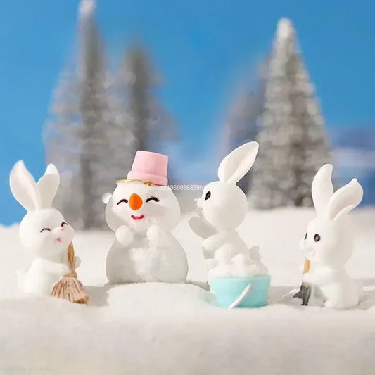 Figurines Christmas Rabbit Micro Landscape Snowman Bunny Ornament Desk Accessories For Home Decoration Kids Gifts Miniature