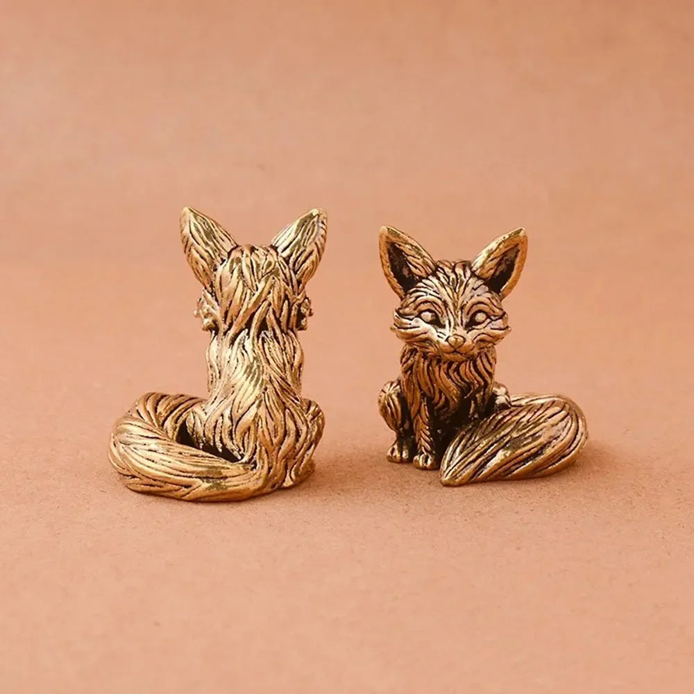 Brass Fox Statue Cute Fox Miniature Figurines Desk Ornament Decorations Accessories Copper Animal Sculpture Home Decor Crafts