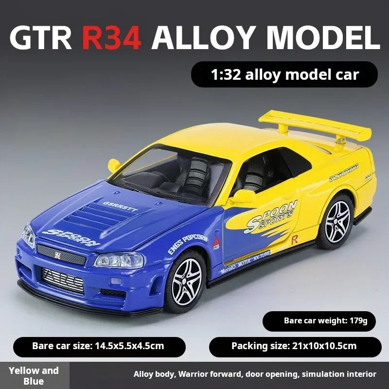 1/32 Nissan GTR34 Skyline GTR Toy Car Model Diecast Racing Miniature Model Sound & Light Pull Back Collection Gift Children Boy