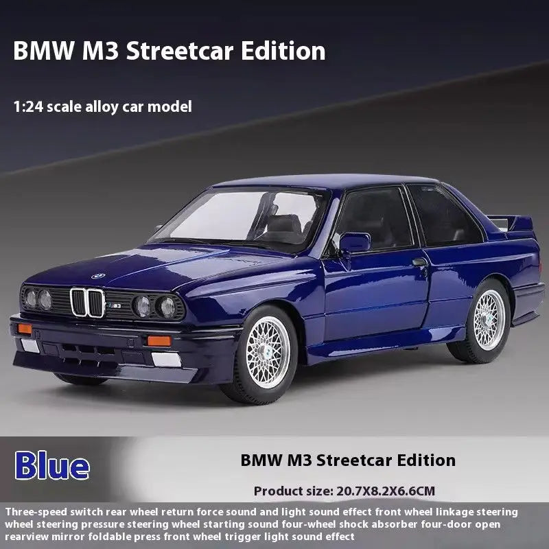 1:24 BMW M3 E30 1988 Supercar Alloy Car Model Sound and Light Pull Back Children's Toy Collectibles Birthday gift