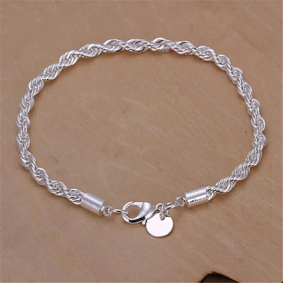 ALIZERO 925 Sterling Silver Unisex 4mm Rope Chain Bracelets for Men Women Twisted Links Chain Bracelet Simple Classic Jewelry