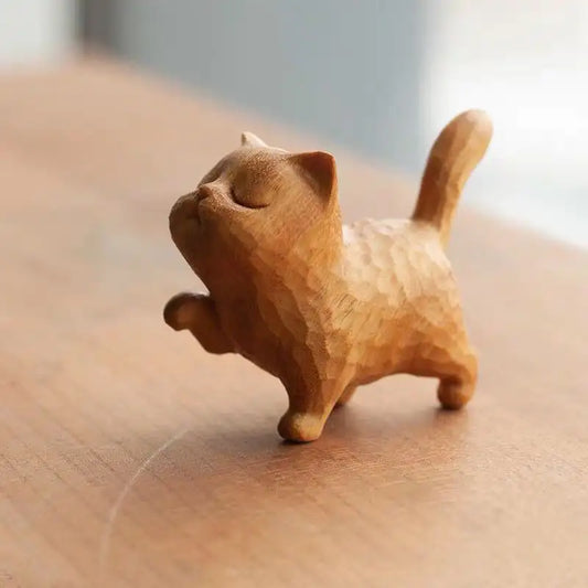 1PC Wooden Cat Ornament Mini Statues Desk Miniatures Micro-landscape Decorations Cute Cats Craft Gift