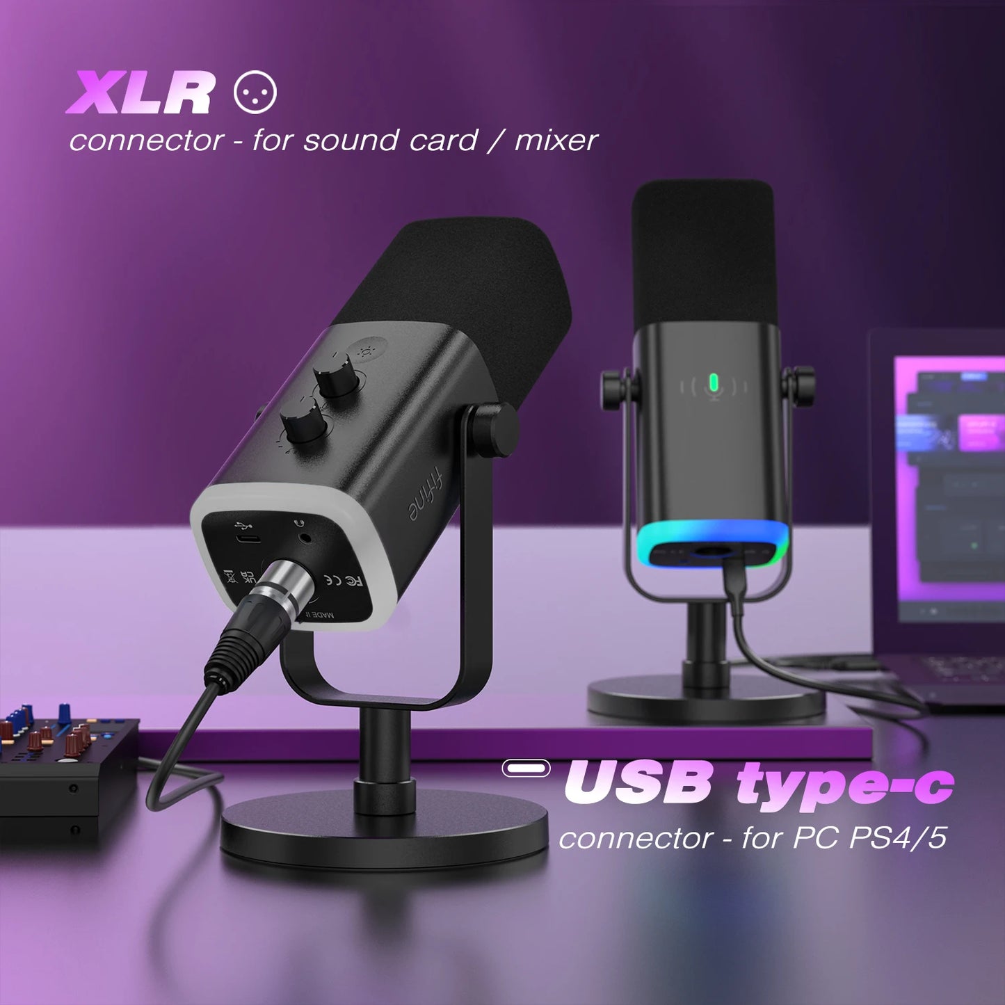 To USB/XLR Dynamic Microphone with Touch Mute Button,Headphone jack,I/O Controls,for PC PS5/4 mixer,Gaming MIC Ampligame AM8