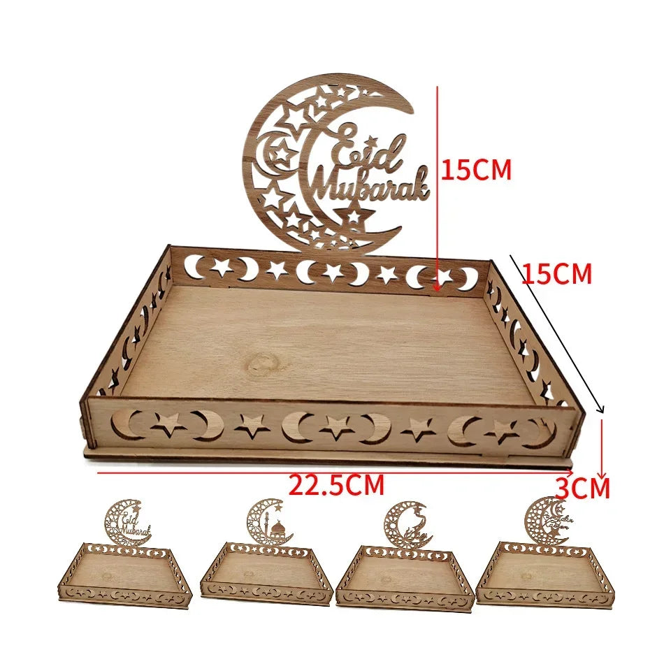 Wooden Eid Mubarak Moon Star Tray for Ramadan Kareem Food Holder Table Decoration Al Adha Islamic Muslim Party Supplies