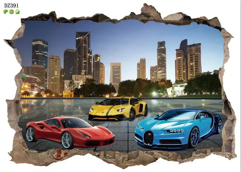 3D Urban High end Sports Car Cool Motorcycle Car Wall Sticker Boys' Room Car Art Poster Wallpaper Boys' Dream Gift Decoration