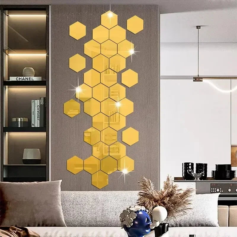 6/48Pcs Hexagonal Acrylic Mirror Wall Stickers Mirror Solid Paster Self-adhesive Gold Silver Decals Home Bedroom Art Decoration