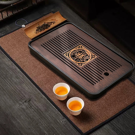 Chinese Traditional Bamboo Tea Tray with Water Storage Box Vintage Rustic Style Chinese Tea Serving Tray For Home Offiice