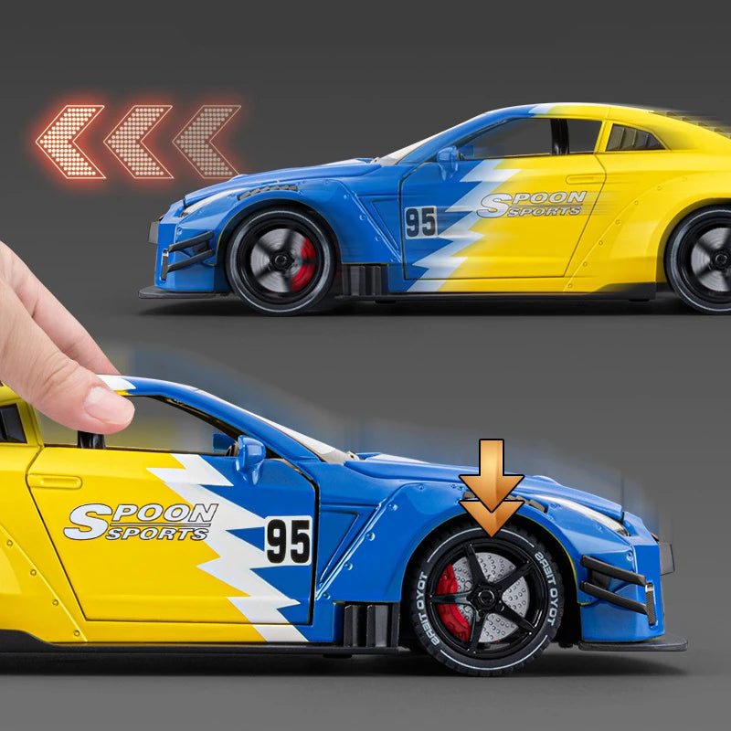 1/24 Nissan GTR GT-R R35 Alloy Sports Car Model Diecast Metal Racing Vehicles Car Model Sound and Light With Spray Kids Toy Gift