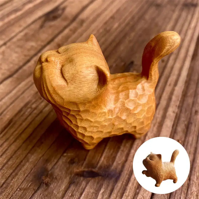 1PC Wooden Cat Ornament Mini Statues Desk Miniatures Micro-landscape Decorations Cute Cats Craft Gift