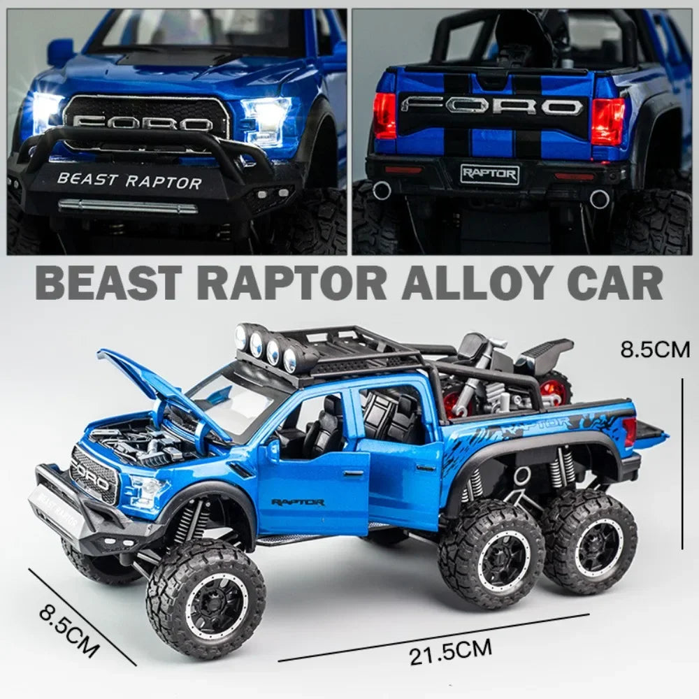 1:24 Ford Raptor F150 Model Toy Cars Alloy Diecast Off-Road Vehicles Sound Light Pull Back Doors Opened Pickup Trucks Kids Gifts