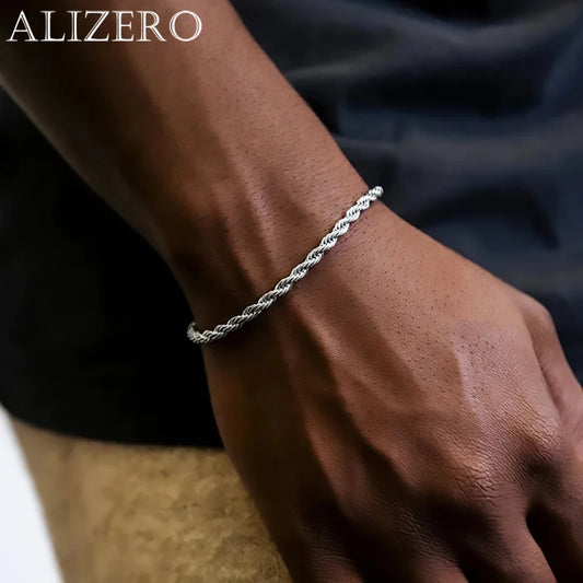 ALIZERO 925 Sterling Silver Unisex 4mm Rope Chain Bracelets for Men Women Twisted Links Chain Bracelet Simple Classic Jewelry